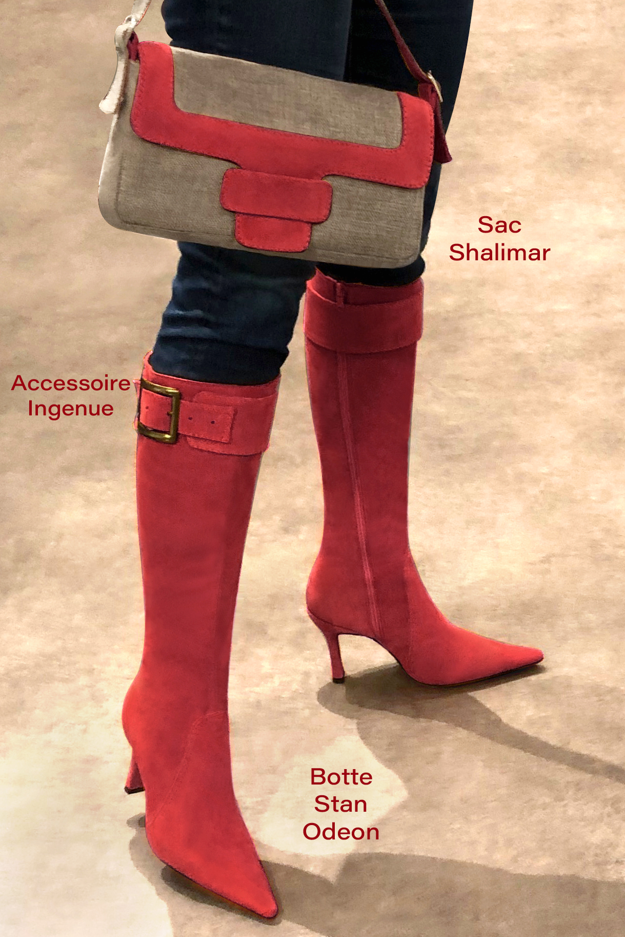 Scarlet red women's feminine knee-high boots. Pointed toe. Very high spool heels. Made to measure. Worn view - Florence KOOIJMAN